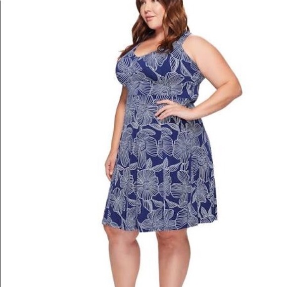 Adrianna Papell Blue Floral Fit & Flare 2X, 3X - Picture 3 of 8